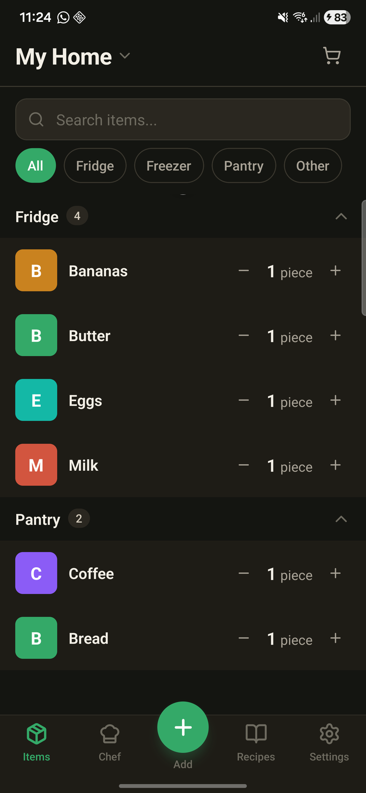 The items list with names and product pictures from the catalogue
